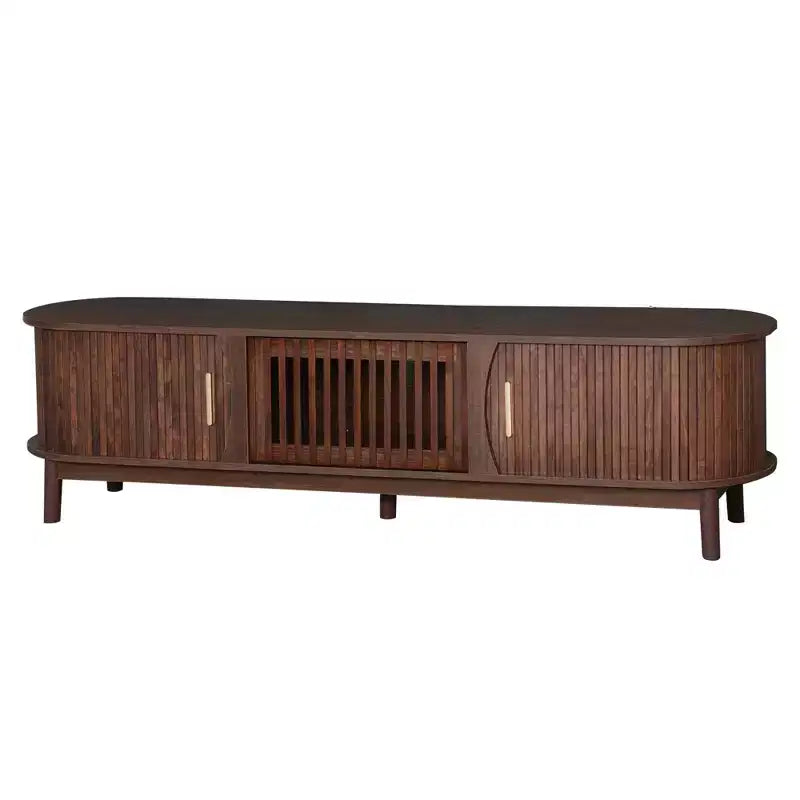 Vintage TV Stand with Sliding-Door for 75 inch TV, Wood TV Storage Cabinet Table with Doors and Solid Wood Legs for Living Room, Dark Brown