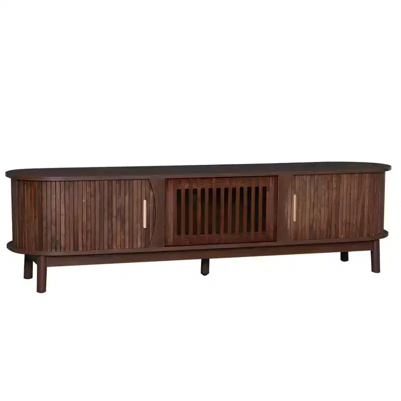 Vintage TV Stand with Sliding-Door for 75 inch TV, Wood TV Storage Cabinet Table with Doors and Solid Wood Legs for Living Room, Dark Brown