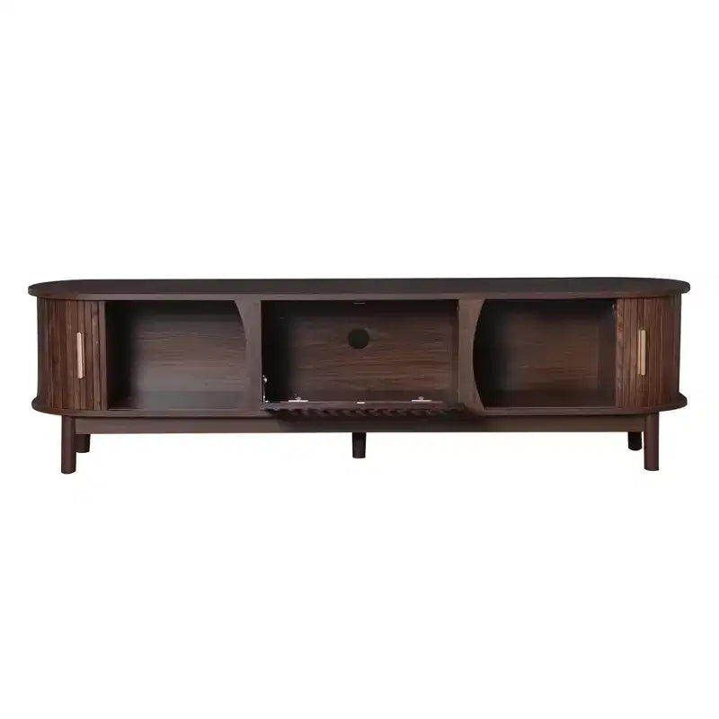 Vintage TV Stand with Sliding-Door for 75 inch TV, Wood TV Storage Cabinet Table with Doors and Solid Wood Legs for Living Room, Dark Brown