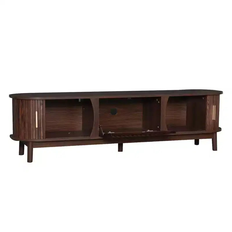 Vintage TV Stand with Sliding-Door for 75 inch TV, Wood TV Storage Cabinet Table with Doors and Solid Wood Legs for Living Room, Dark Brown