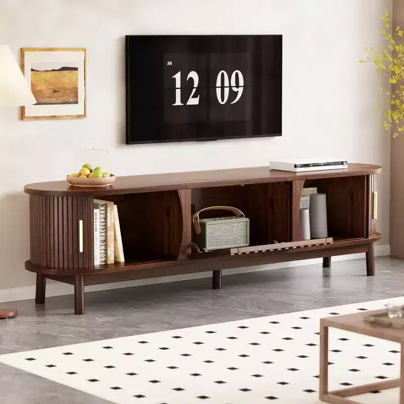 Vintage TV Stand with Sliding-Door for 75 inch TV, Wood TV Storage Cabinet Table with Doors and Solid Wood Legs for Living Room, Dark Brown