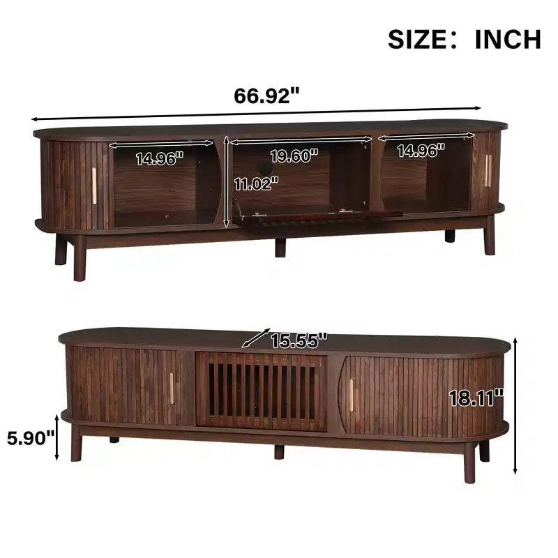 Vintage TV Stand with Sliding-Door for 75 inch TV, Wood TV Storage Cabinet Table with Doors and Solid Wood Legs for Living Room, Dark Brown