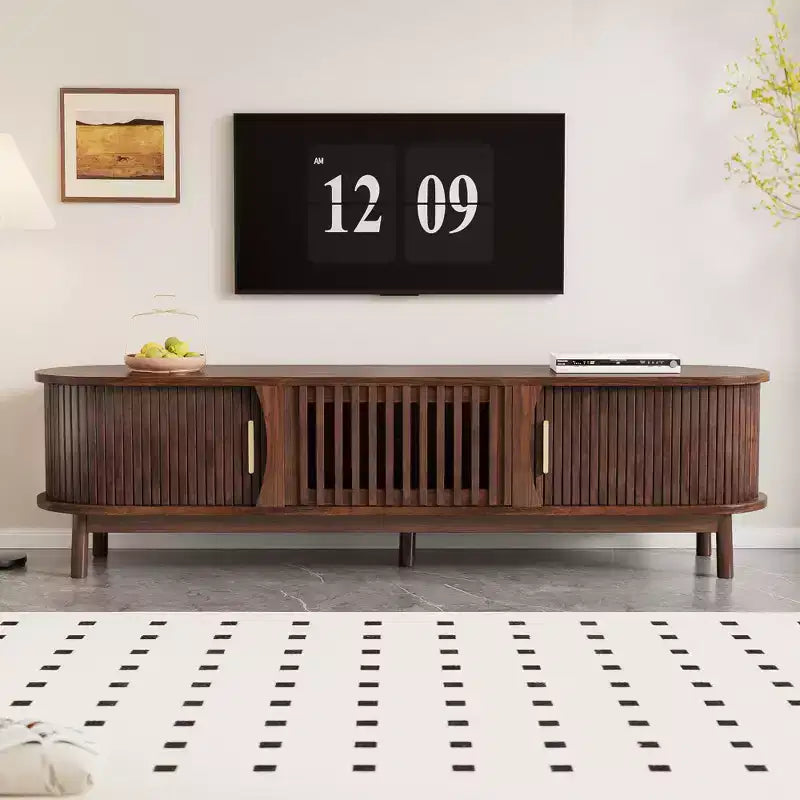 Vintage TV Stand with Sliding-Door for 75 inch TV, Wood TV Storage Cabinet Table with Doors and Solid Wood Legs for Living Room, Dark Brown