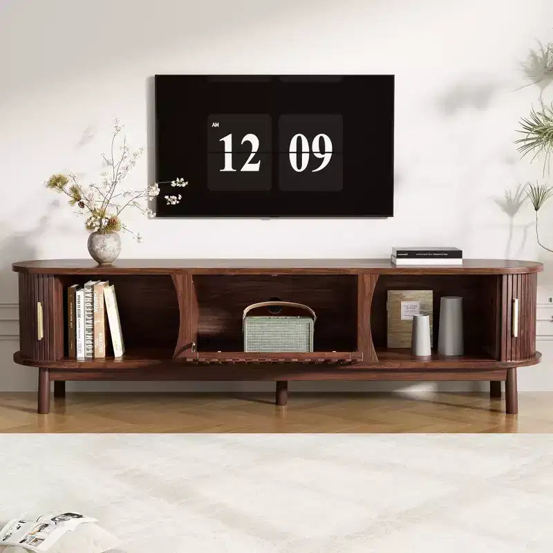 Vintage TV Stand with Sliding-Door for 75 inch TV, Wood TV Storage Cabinet Table with Doors and Solid Wood Legs for Living Room, Dark Brown