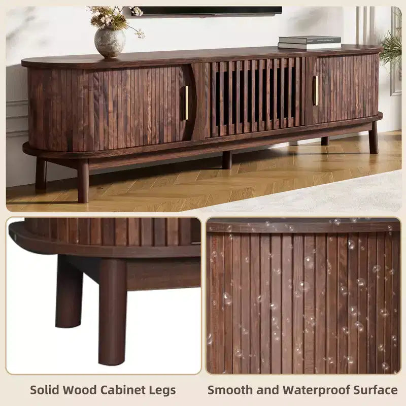 Vintage TV Stand with Sliding-Door for 75 inch TV, Wood TV Storage Cabinet Table with Doors and Solid Wood Legs for Living Room, Dark Brown