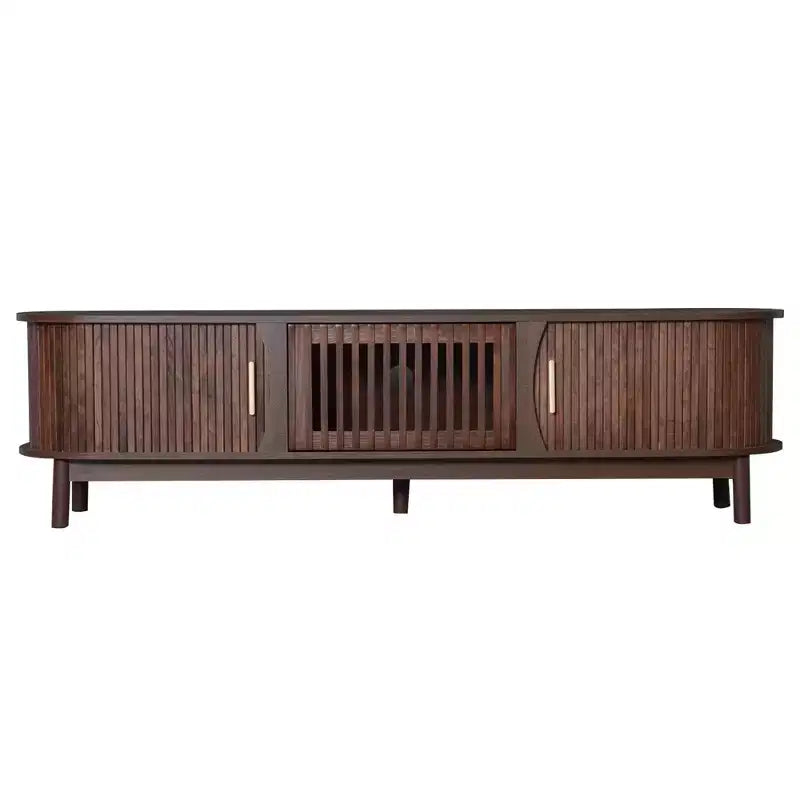 Vintage TV Stand with Sliding-Door for 75 inch TV, Wood TV Storage Cabinet Table with Doors and Solid Wood Legs for Living Room, Dark Brown