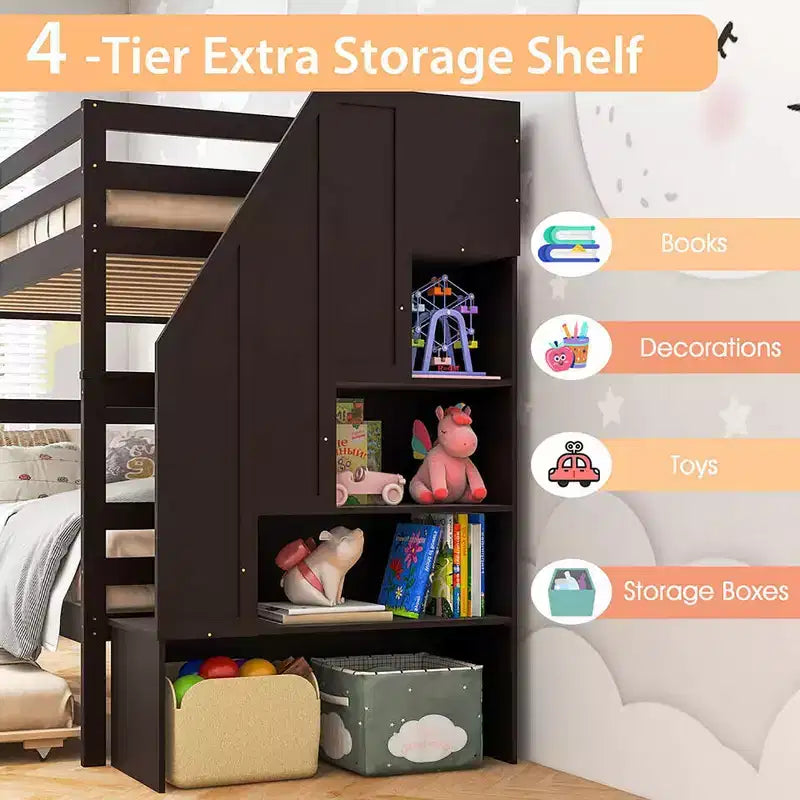 Costway Twin over Twin Wooden Bunk Bed w/ Trundle Storage Stairs Convertible
