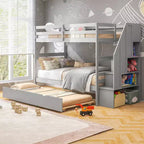 Costway Twin over Twin Wooden Bunk Bed w/ Trundle Storage Stairs Convertible
