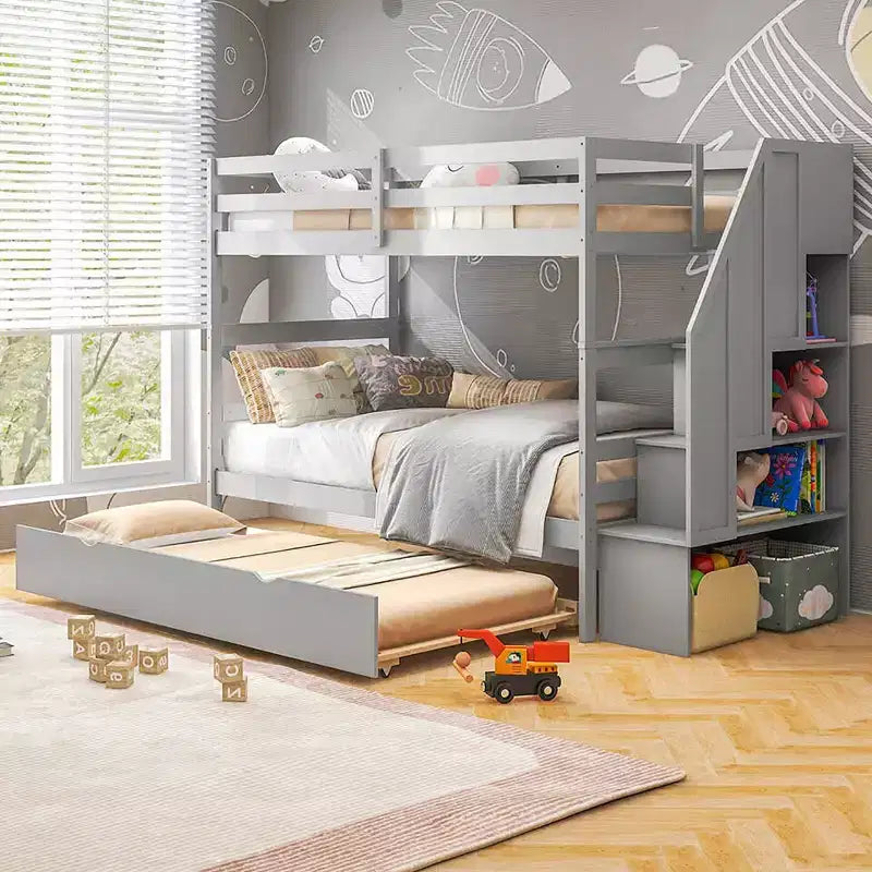 Costway Twin over Twin Wooden Bunk Bed w/ Trundle Storage Stairs Convertible