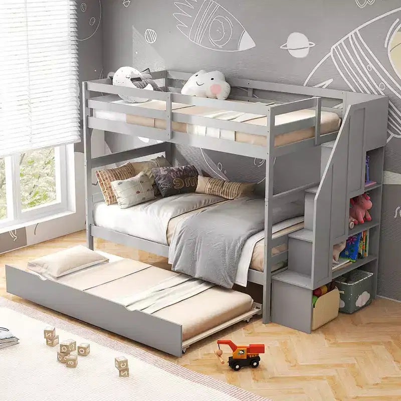 Costway Twin over Twin Wooden Bunk Bed w/ Trundle Storage Stairs Convertible