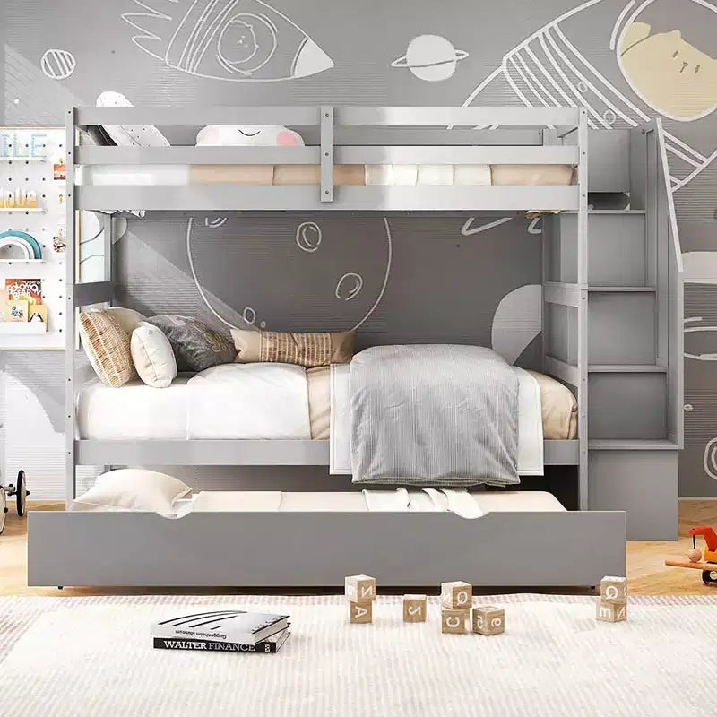 Costway Twin over Twin Wooden Bunk Bed w/ Trundle Storage Stairs Convertible