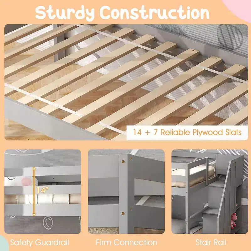 Costway Twin over Twin Wooden Bunk Bed w/ Trundle Storage Stairs Convertible