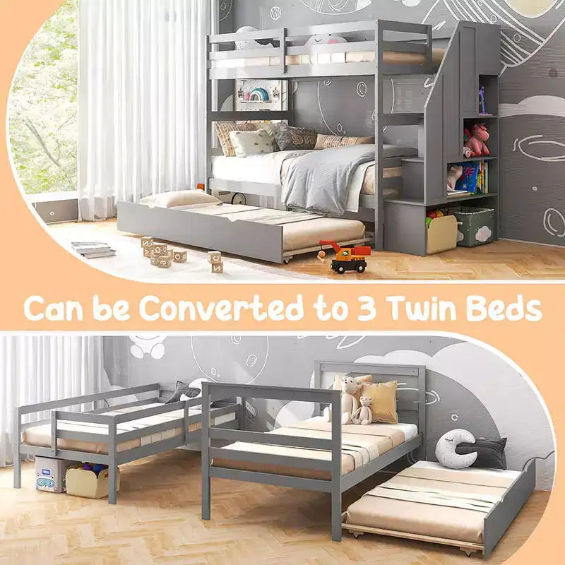 Costway Twin over Twin Wooden Bunk Bed w/ Trundle Storage Stairs Convertible