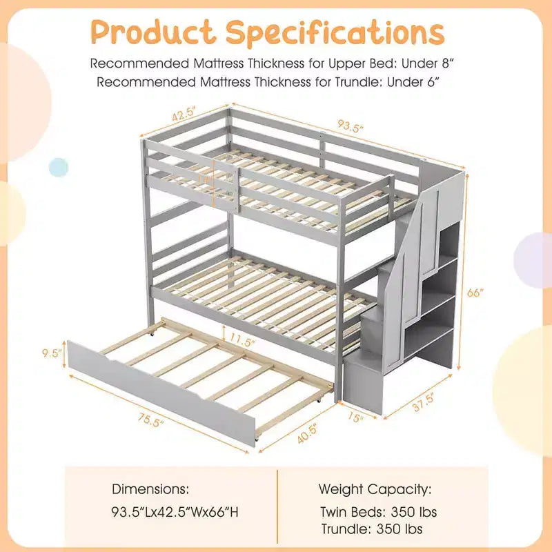 Costway Twin over Twin Wooden Bunk Bed w/ Trundle Storage Stairs Convertible