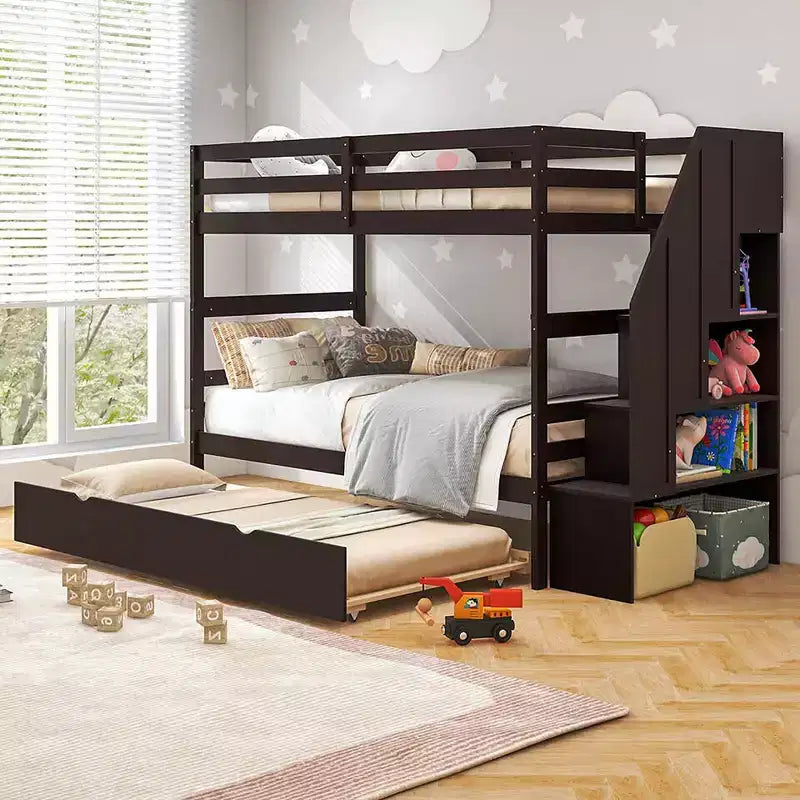 Costway Twin over Twin Wooden Bunk Bed w/ Trundle Storage Stairs Convertible