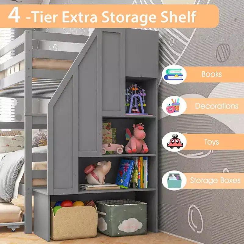 Costway Twin over Twin Wooden Bunk Bed w/ Trundle Storage Stairs Convertible