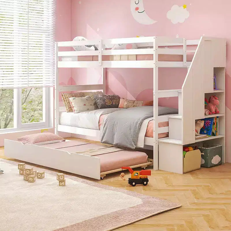 Costway Twin over Twin Wooden Bunk Bed w/ Trundle Storage Stairs Convertible