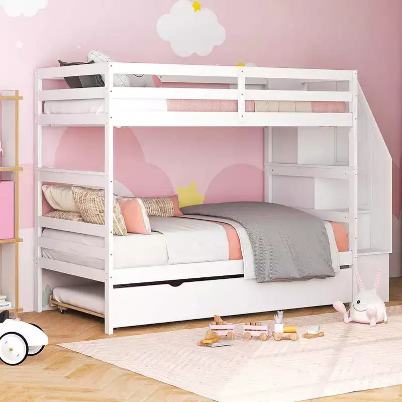 Costway Twin over Twin Wooden Bunk Bed w/ Trundle Storage Stairs Convertible