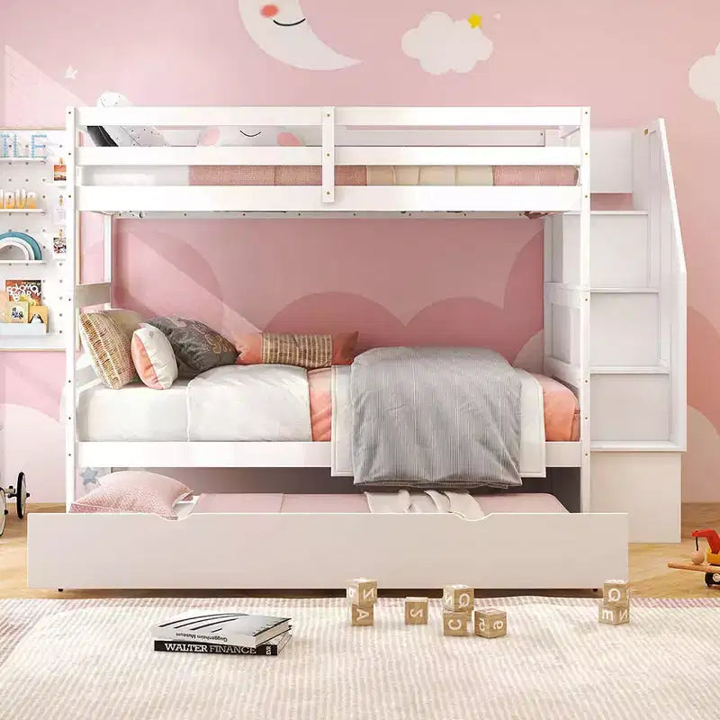 Costway Twin over Twin Wooden Bunk Bed w/ Trundle Storage Stairs Convertible