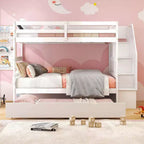 Costway Twin over Twin Wooden Bunk Bed w/ Trundle Storage Stairs Convertible