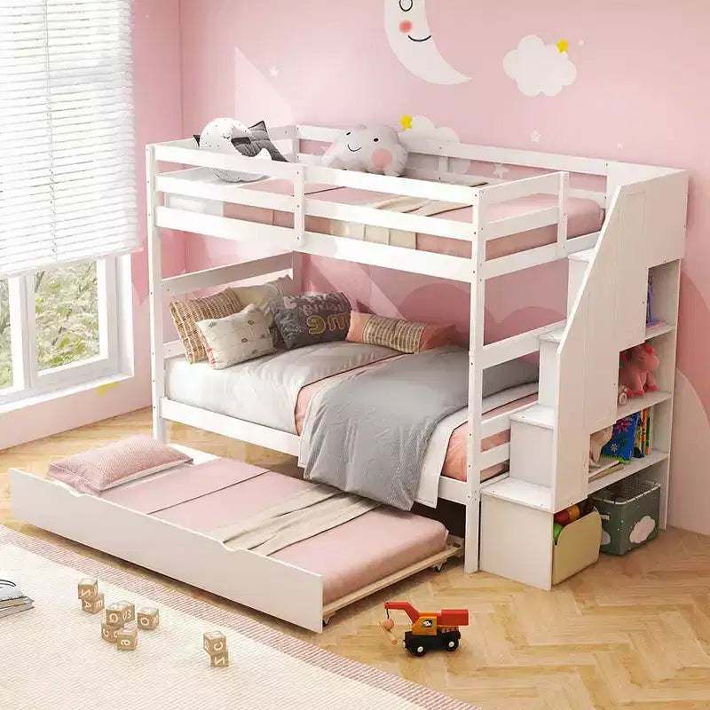 Costway Twin over Twin Wooden Bunk Bed w/ Trundle Storage Stairs Convertible