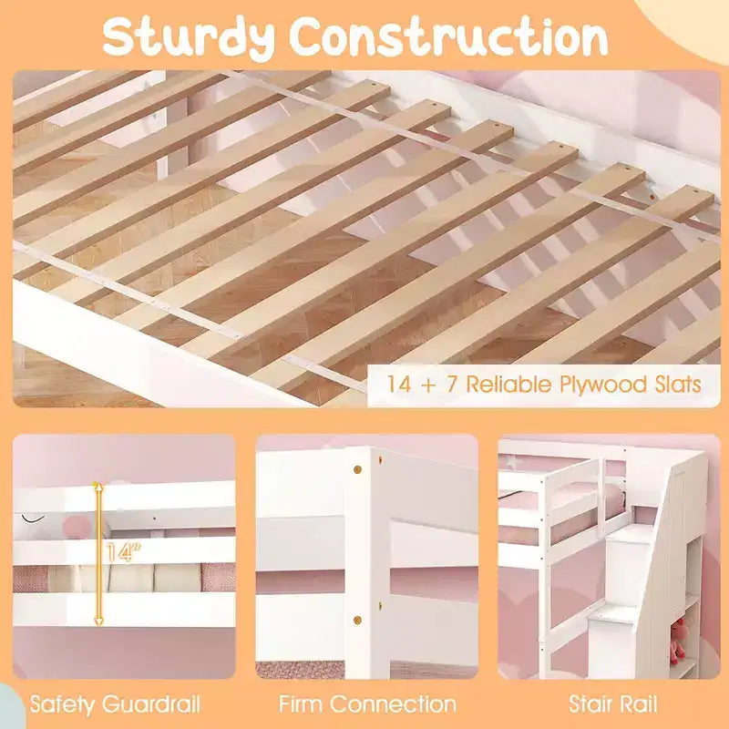 Costway Twin over Twin Wooden Bunk Bed w/ Trundle Storage Stairs Convertible