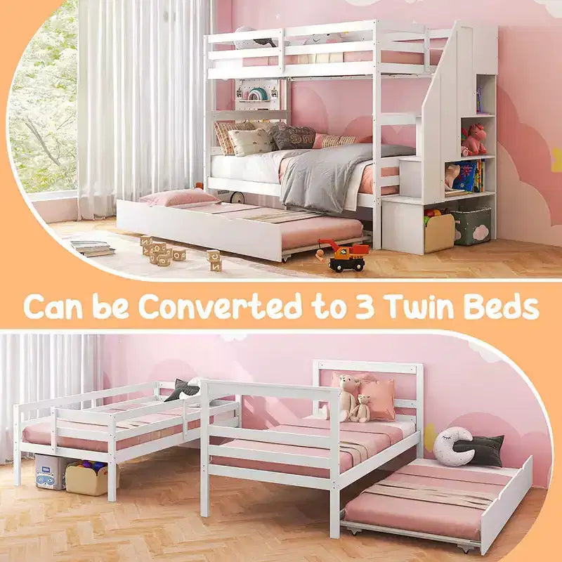 Costway Twin over Twin Wooden Bunk Bed w/ Trundle Storage Stairs Convertible