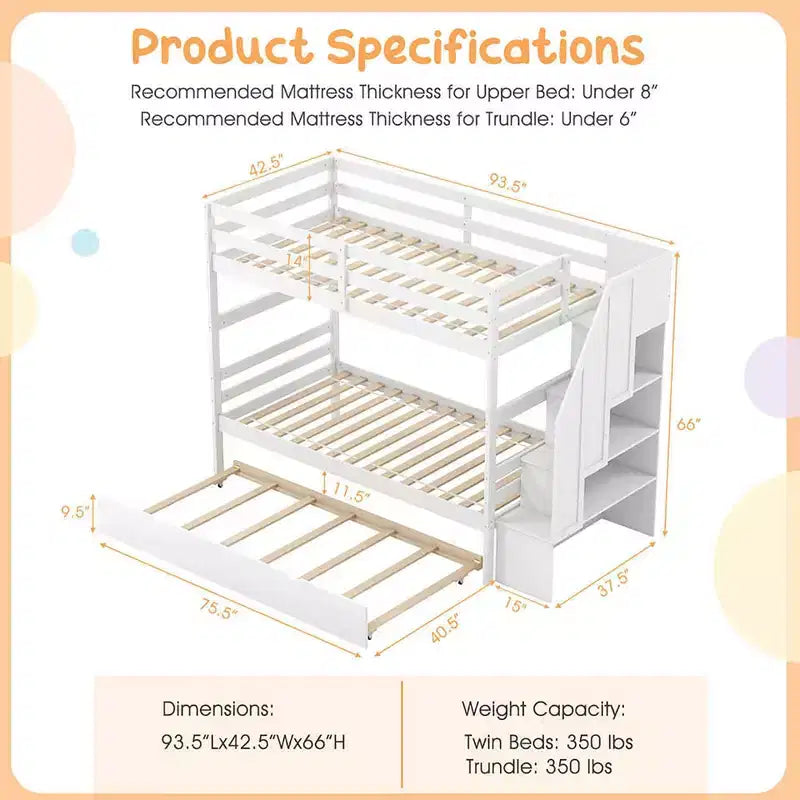 Costway Twin over Twin Wooden Bunk Bed w/ Trundle Storage Stairs Convertible