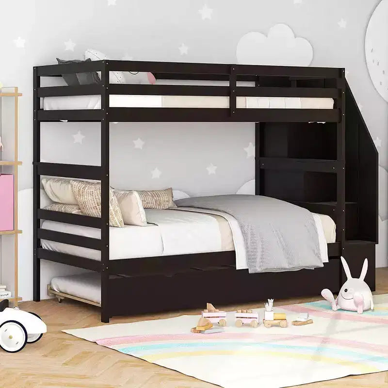 Costway Twin over Twin Wooden Bunk Bed w/ Trundle Storage Stairs Convertible