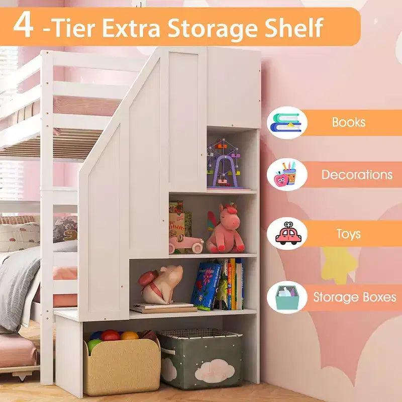Costway Twin over Twin Wooden Bunk Bed w/ Trundle Storage Stairs Convertible