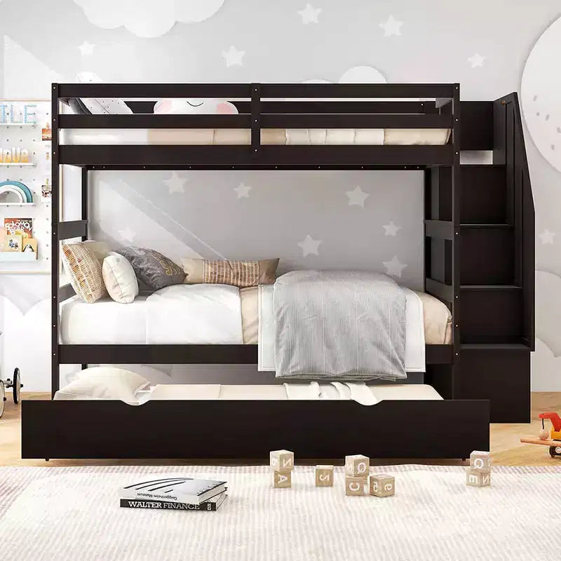 Costway Twin over Twin Wooden Bunk Bed w/ Trundle Storage Stairs Convertible