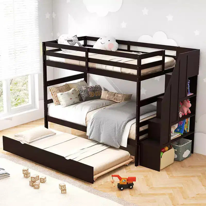 Costway Twin over Twin Wooden Bunk Bed w/ Trundle Storage Stairs Convertible