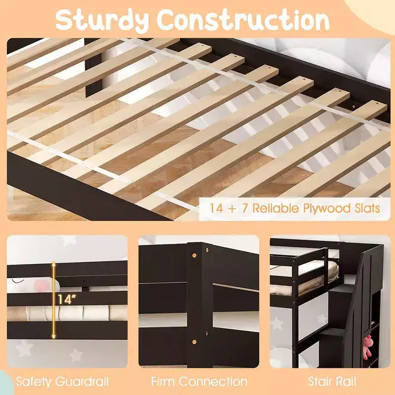 Costway Twin over Twin Wooden Bunk Bed w/ Trundle Storage Stairs Convertible