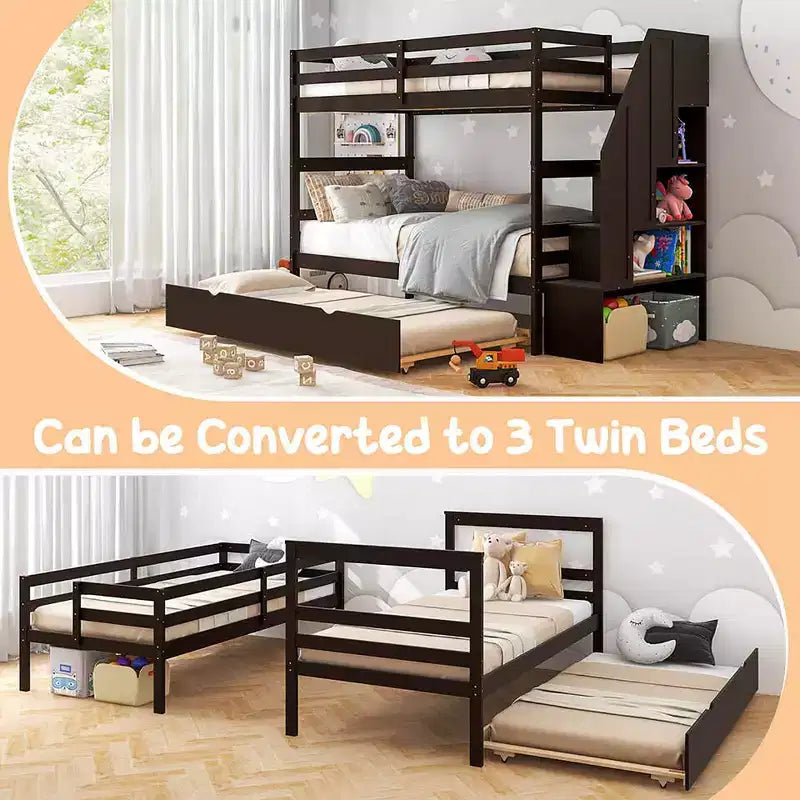 Costway Twin over Twin Wooden Bunk Bed w/ Trundle Storage Stairs Convertible