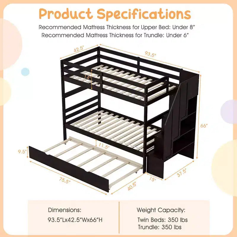 Costway Twin over Twin Wooden Bunk Bed w/ Trundle Storage Stairs Convertible
