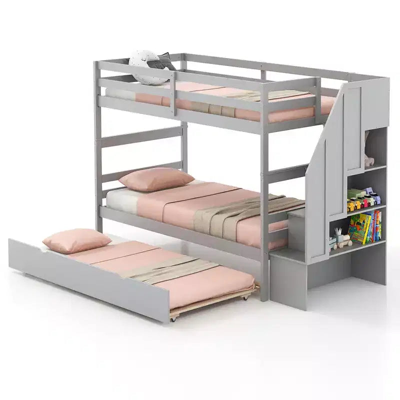 Costway Twin over Twin Wooden Bunk Bed w/ Trundle Storage Stairs Convertible