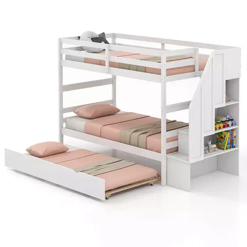 Costway Twin over Twin Wooden Bunk Bed w/ Trundle Storage Stairs Convertible