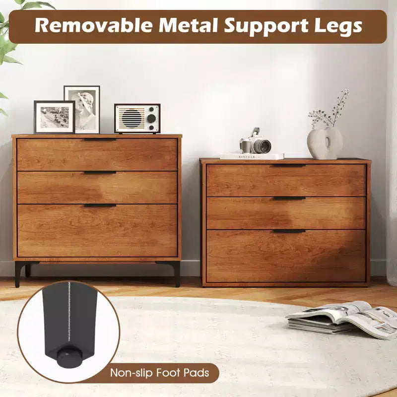 Costway 3-Drawer Dresser w/ Metal Support Legs & Anti-tipping Kit for Bedroom Cherry