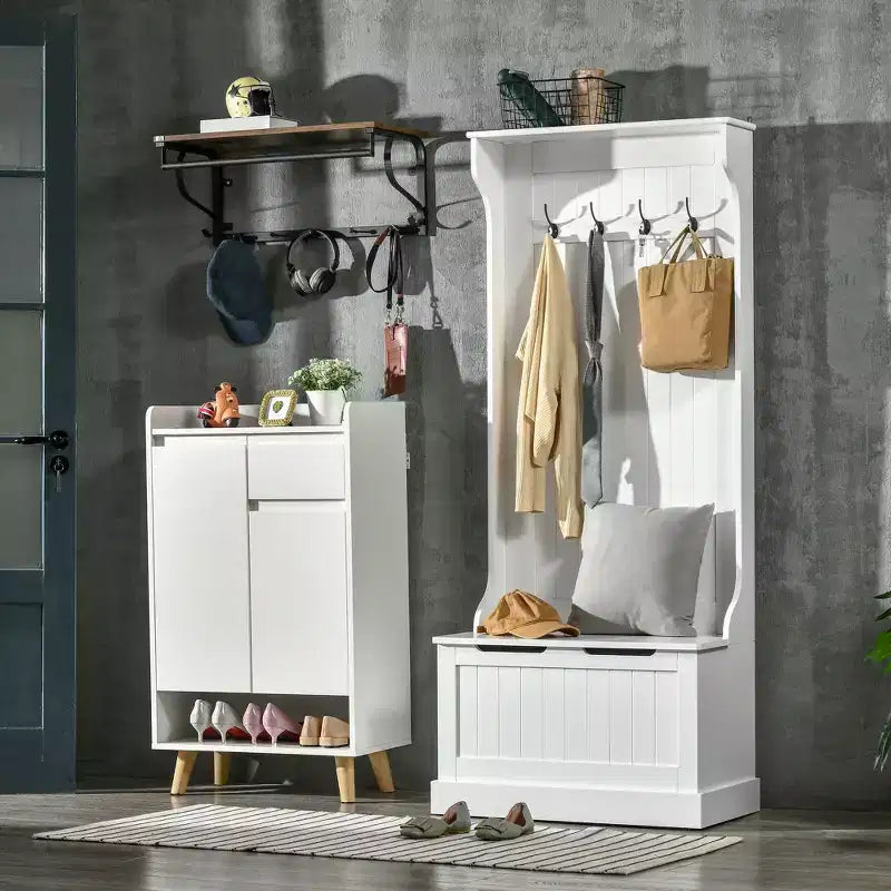 Entryway Hall Tree with Coat Rack and Sitting Bench, Mudroom Bench with Storage, and Hooks