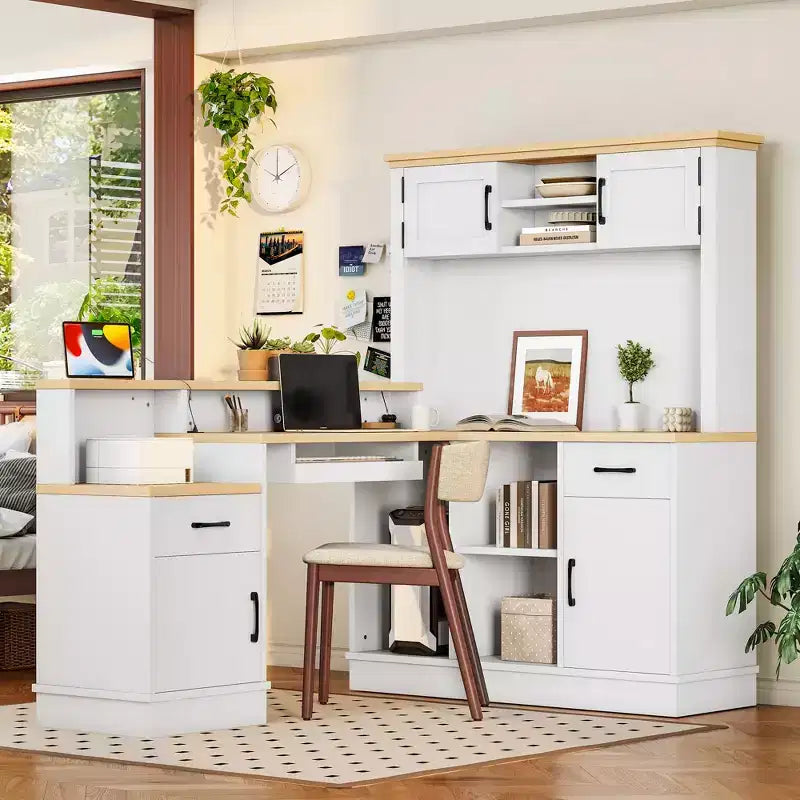 Bellemave L-Shaped Gaming Desk with outlet, Drawers, Bookshelf, L-Shaped Study Table Writing Desk for Corner