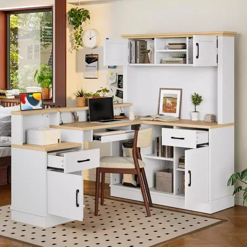 Bellemave L-Shaped Gaming Desk with outlet, Drawers, Bookshelf, L-Shaped Study Table Writing Desk for Corner