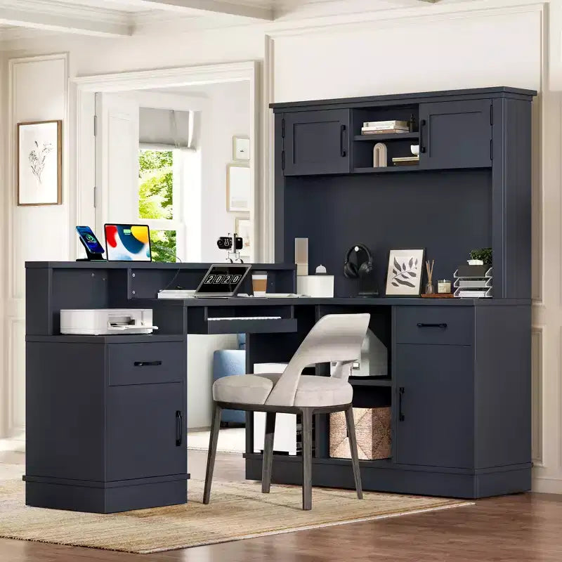 Bellemave L-Shaped Gaming Desk with outlet, Drawers, Bookshelf, L-Shaped Study Table Writing Desk for Corner