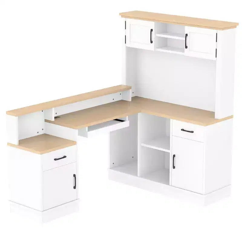 Bellemave L-Shaped Gaming Desk with outlet, Drawers, Bookshelf, L-Shaped Study Table Writing Desk for Corner