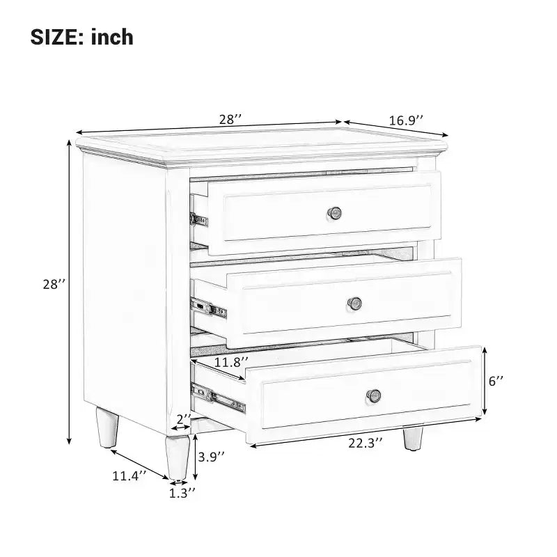 28 Modern 3-Drawer Nightstand, Elegant Bed Side Cabinet with Metal Handles and Rubber Wood Legs - Panipeachy