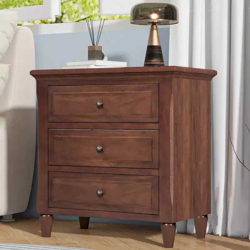 28 Modern 3-Drawer Nightstand, Elegant Bed Side Cabinet with Metal Handles and Rubber Wood Legs - Panipeachy