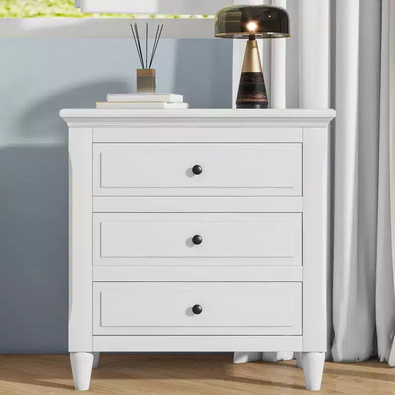 28 Modern 3-Drawer Nightstand, Elegant Bed Side Cabinet with Metal Handles and Rubber Wood Legs - Panipeachy