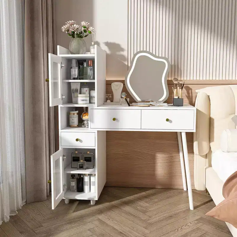 Okak Modern Vanity Desk with Irregular Shape Mirror, Makeup Vanity with 3 Drawers, 2 Open Shelves & 4 Hidden Cabinets, Makeup Desk, White