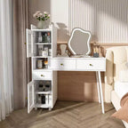 Okak Modern Vanity Desk with Irregular Shape Mirror, Makeup Vanity with 3 Drawers, 2 Open Shelves & 4 Hidden Cabinets, Makeup Desk, White