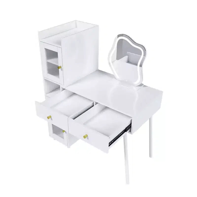 Okak Modern Vanity Desk with Irregular Shape Mirror, Makeup Vanity with 3 Drawers, 2 Open Shelves & 4 Hidden Cabinets, Makeup Desk, White
