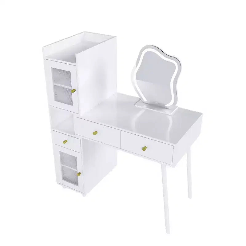 Okak Modern Vanity Desk with Irregular Shape Mirror, Makeup Vanity with 3 Drawers, 2 Open Shelves & 4 Hidden Cabinets, Makeup Desk, White